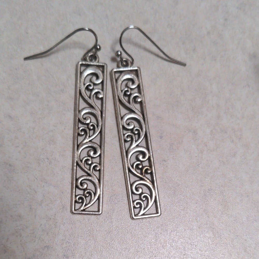 4/$20 Elegant Rectangular Silver Filigree Earrings With French Hooks